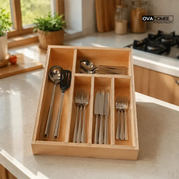 جزئیات طراحی ارگانایزر چوبی قاشق و چنگال