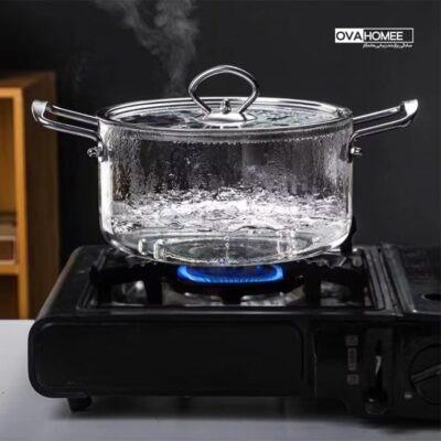 قابلمه شیشه‌ای دسته استیل ۲.۵ لیتری — شعله مستقیم گاز