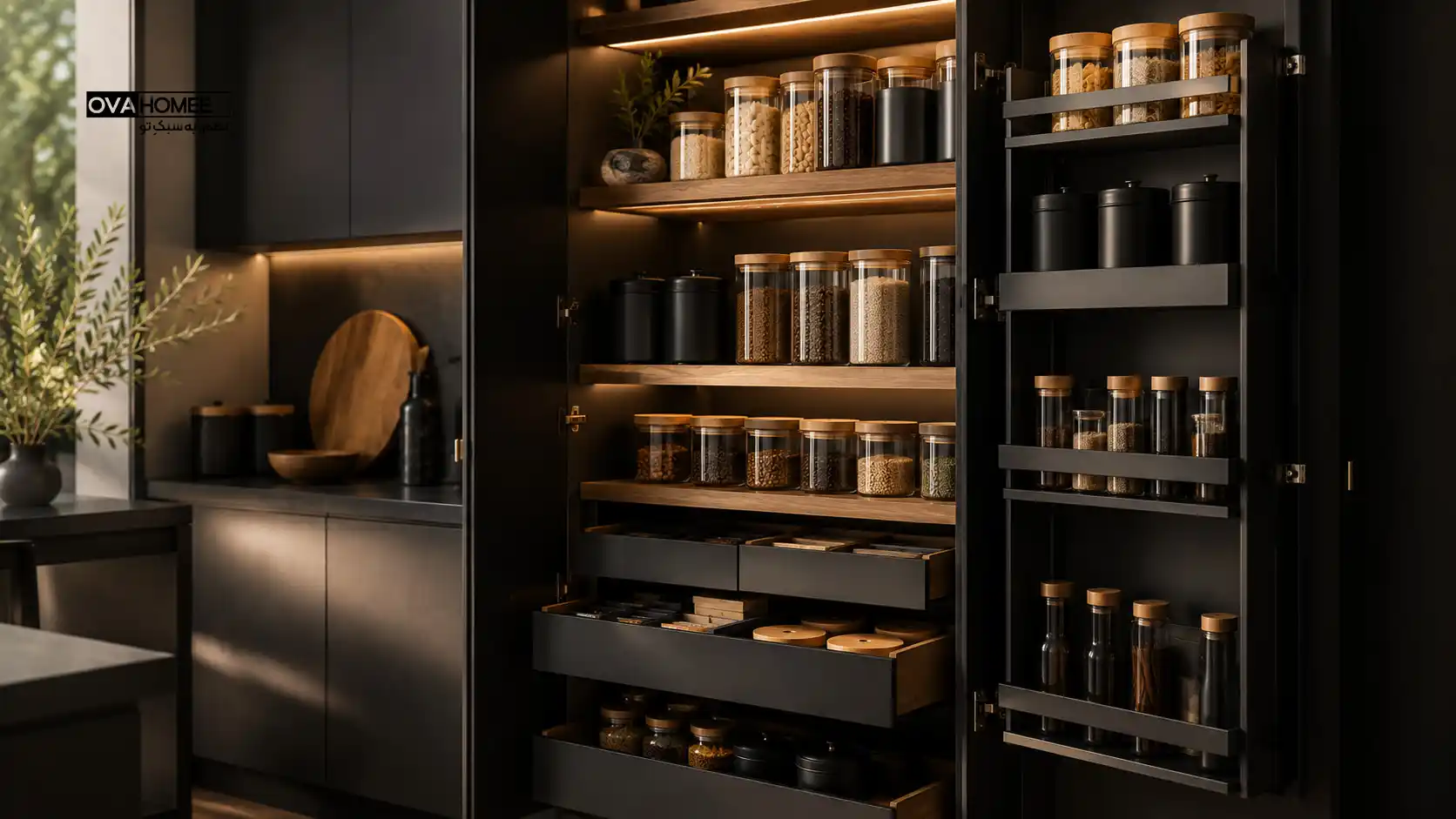 طراحی مینیمال Pantry آشپزخانه مشکی با بانکه‌های شیشه‌ای و نظم‌دهنده‌های کابینت