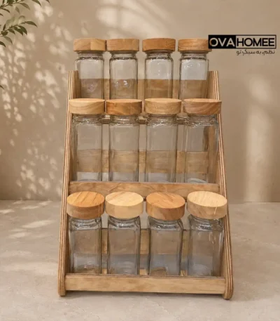 جا ادویه چوبی مکارتی ۱۲ عددی با استند ایستاده و ظروف شیشه‌ای درب سیلیکونی