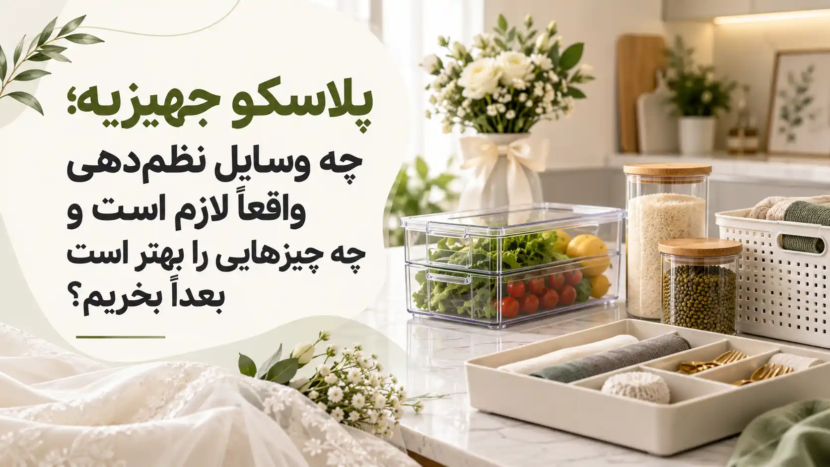 پلاسکو جهیزیه کاربردی با نظم‌دهنده یخچال، کشو، بانکه و وسایل نظم‌دهی خانه عروس
