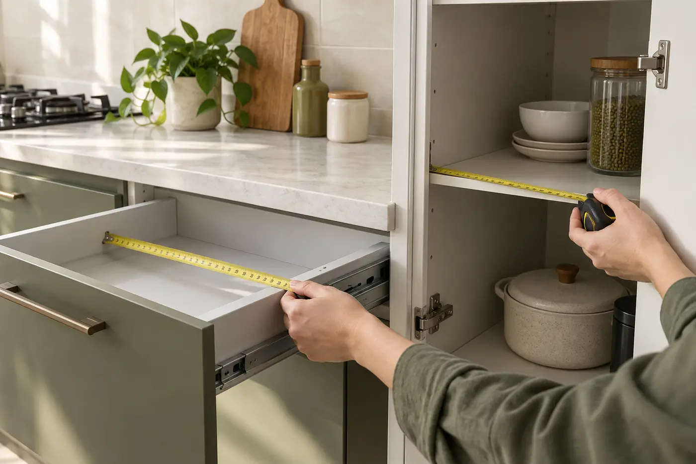 اندازه‌گیری کشو و کابینت پیش از خرید نظم‌دهنده جهیزیه