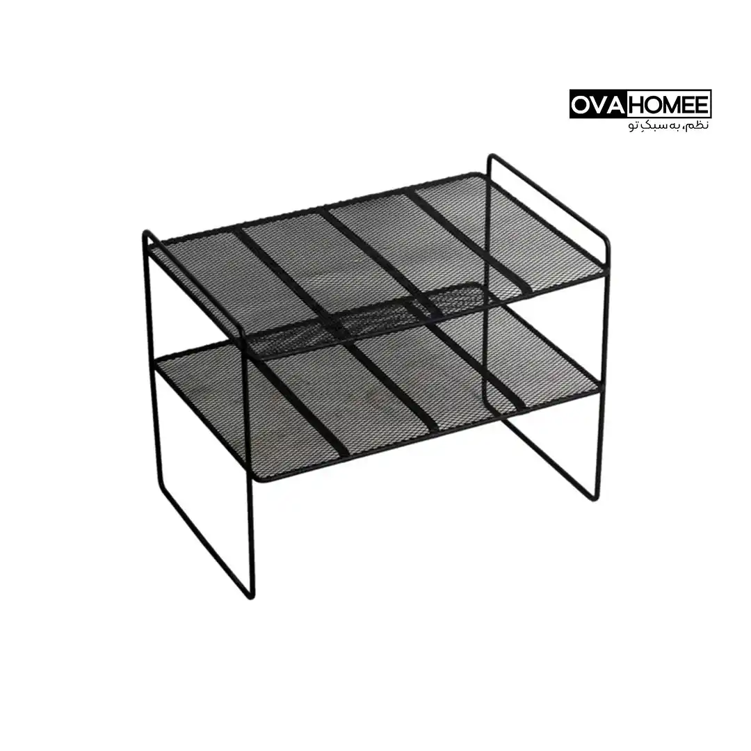 two-tier-wire-mesh-cabinet-rack-black نمای کامل روبهرو روی پسزمینه روشن
